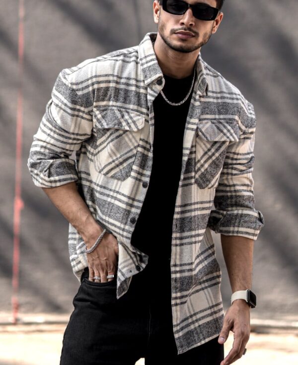 Embrace the Oversized Trend with the Cream Flannel Check Drop Shoulder Shirt for Men