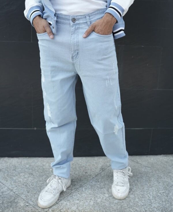 Light Blue Ripped Baggy Jeans For Men