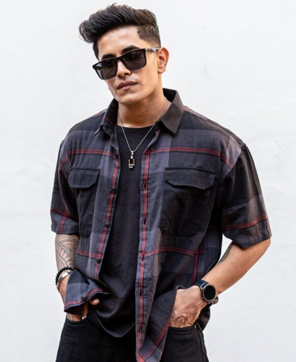 Dark Grey Pocket Check Oversize Drop Shoulder Shirt For Men