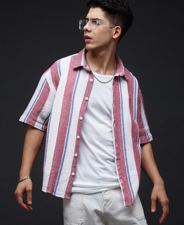 Red Striped Oversize Drop Shoulder Shirt For Men