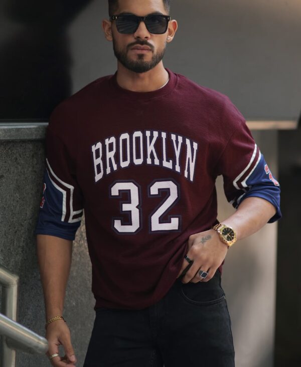 Maroon Brooklyn Print Oversize Drop Shoulder T-Shirt