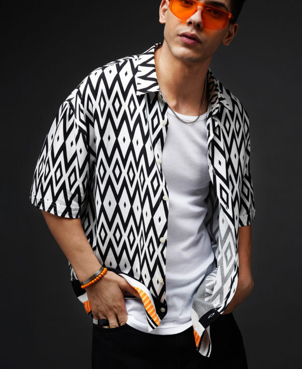 White Geo Print Oversize Drop Shoulder Shirt For Men