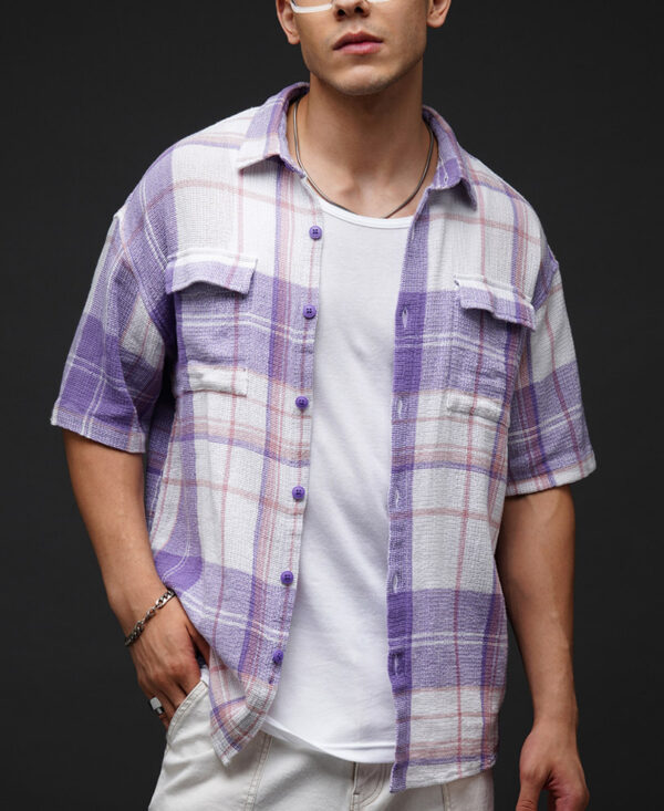 Purple Pocket Check Oversize Drop Shoulder Shirt For Men