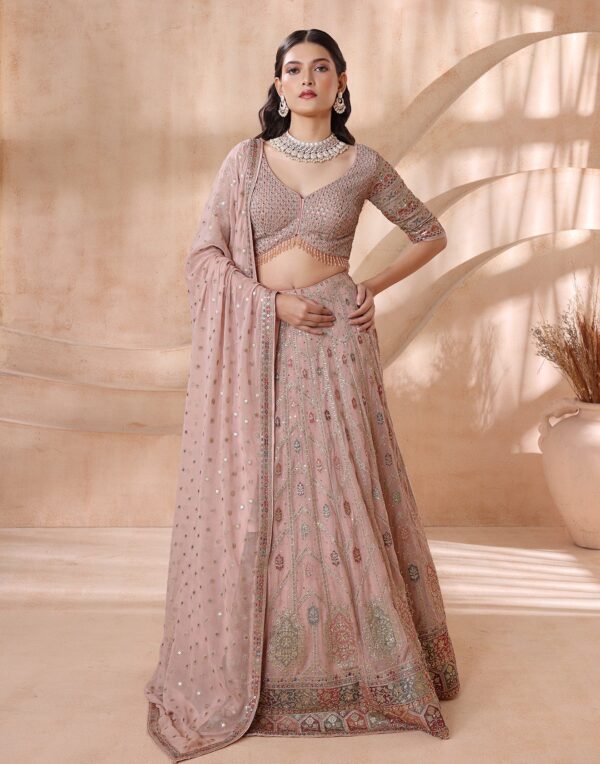 Metallic Peach Embroidered Wedding Lehenga Set