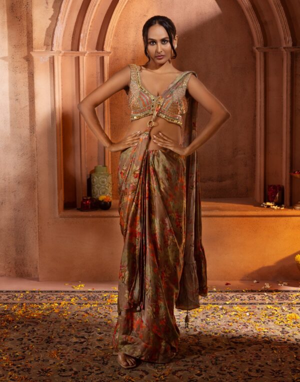 Autumn Brown Floral Printed Modal Satin Pre-Stitched Saree