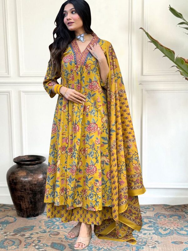 Ethnic Motifs Printed Pleated Mirror Work Anarkali Kurta With Palazzos & Dupatta